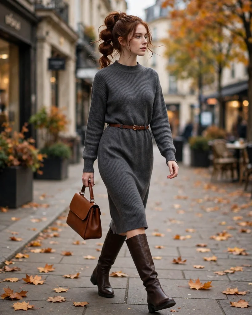Sweater Dress with Knee-High Boots Fall Sweater Outfit