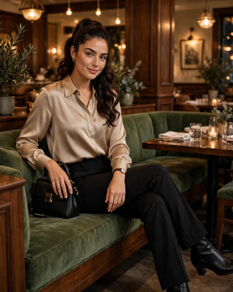 Travel Dinner Outfit with a Satin Blouse and Dark Trousers Fall Travel Outfit