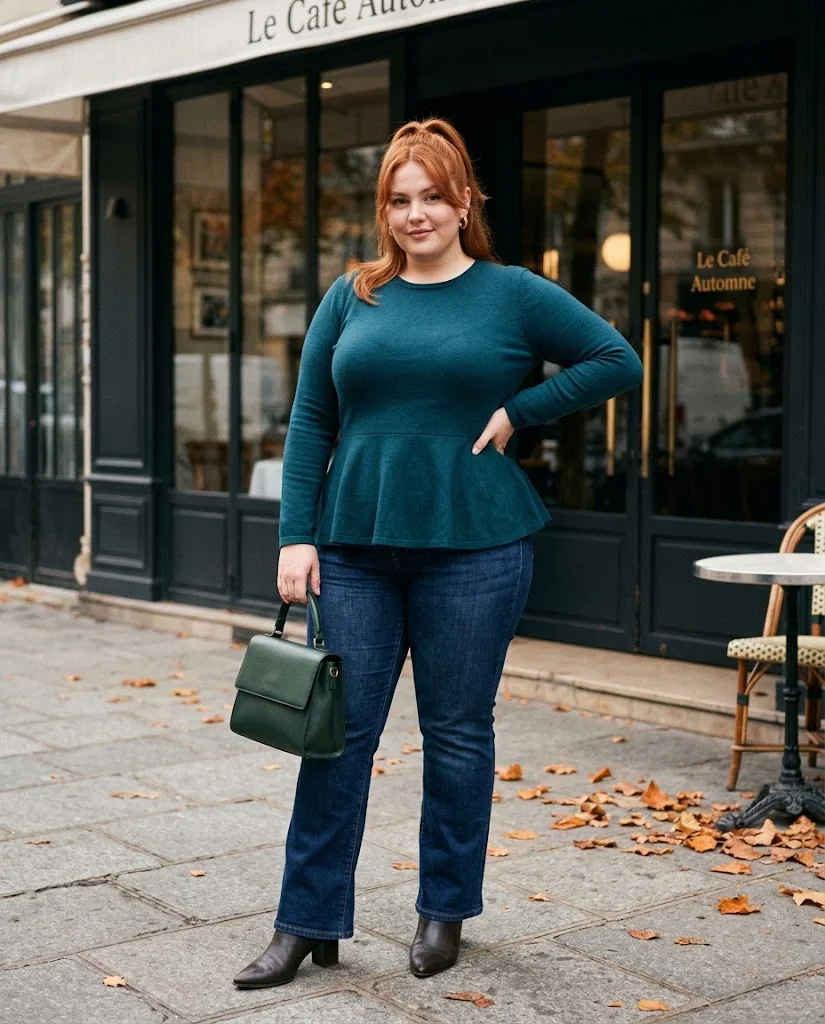 Dark Bootcut Jeans with a Peplum Knit Plus Size October Outfit