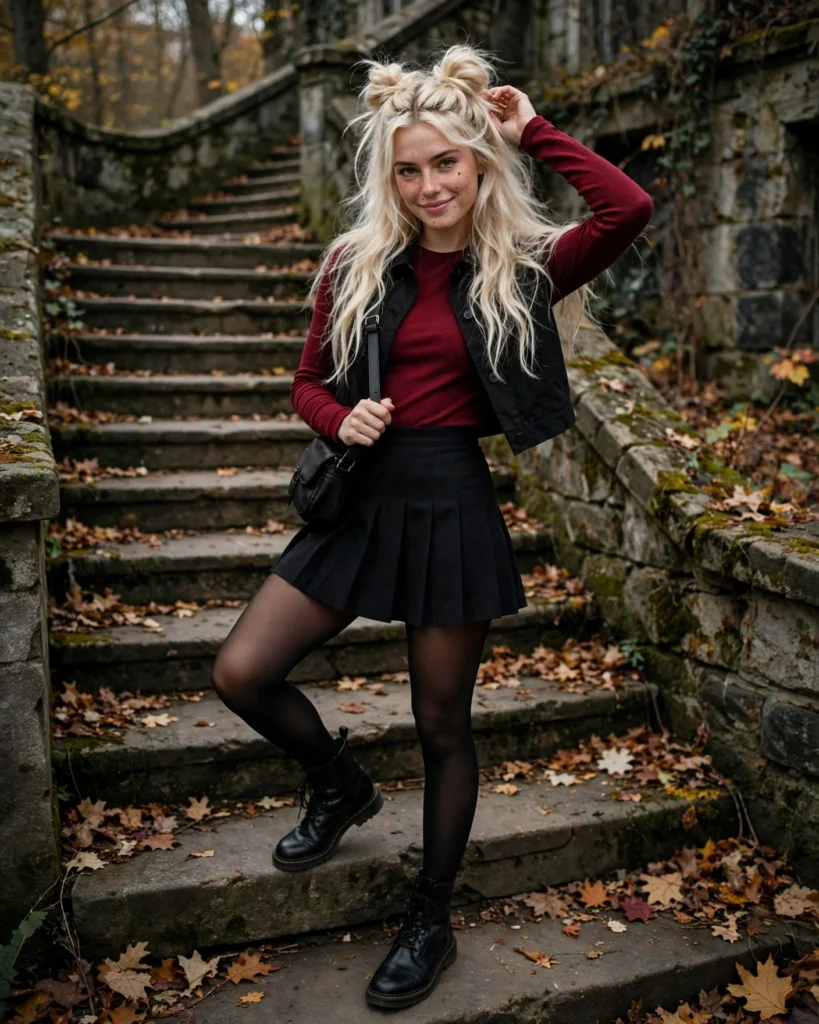 21 Haunted House Outfits for Women: Cute, Spooky & Comfortable Ideas 10 Black Mini Skirt with Tights and Boots Haunted House Outfit
