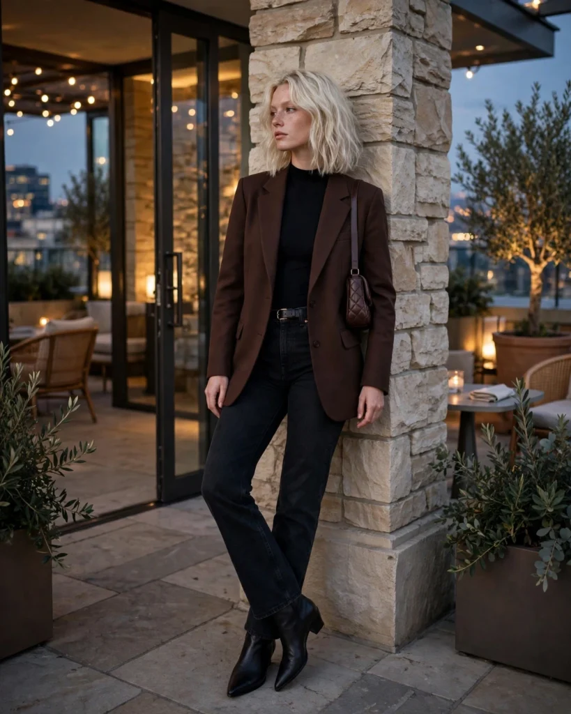 21 Winter Going Out Outfits: Chic Looks for Cold Nights 11 Blazer with a Bodysuit and Jeans Winter Going Out Outfit