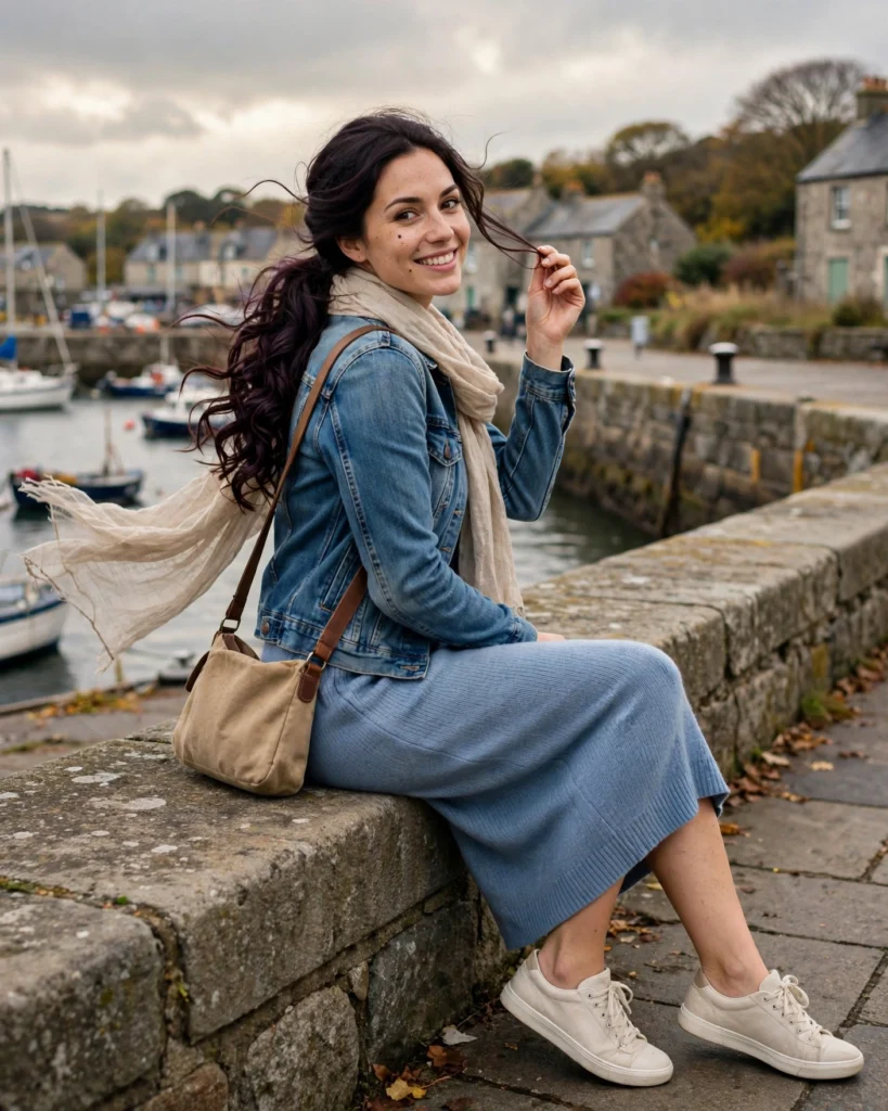 Coastal Fall Outfit with a Denim Jacket and Knit Dress Fall Travel Outfit