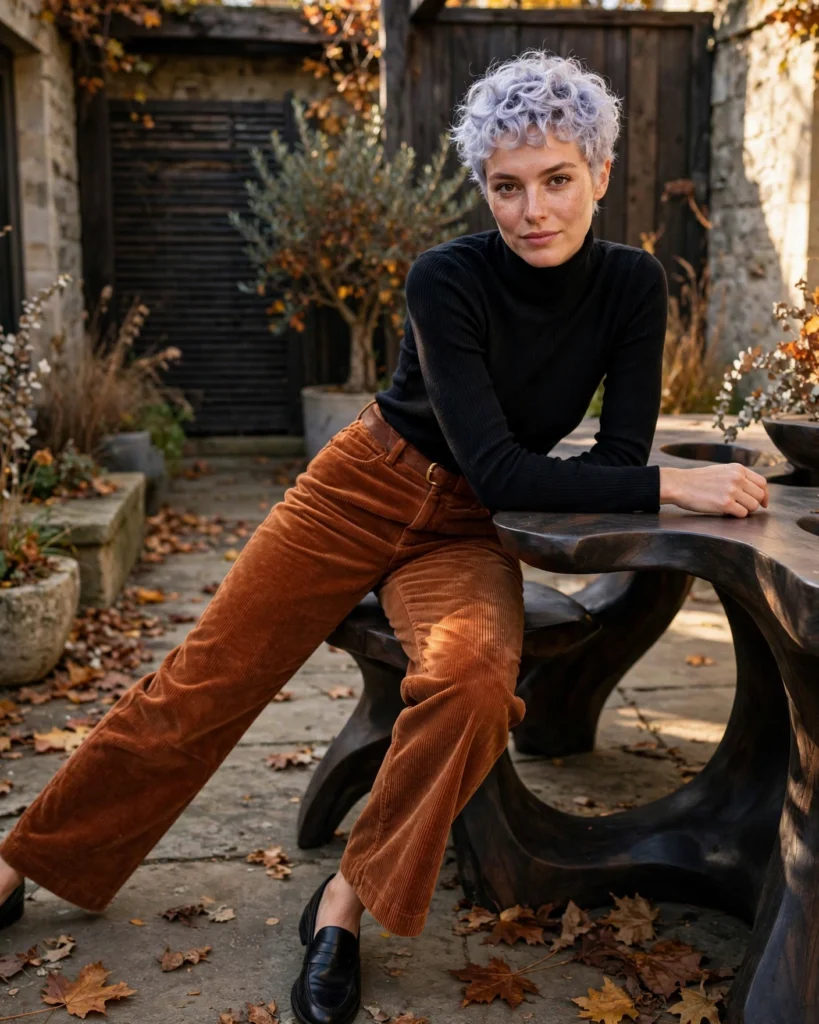 Corduroy Trousers with a Fitted Turtleneck Fall Fashion Outfit