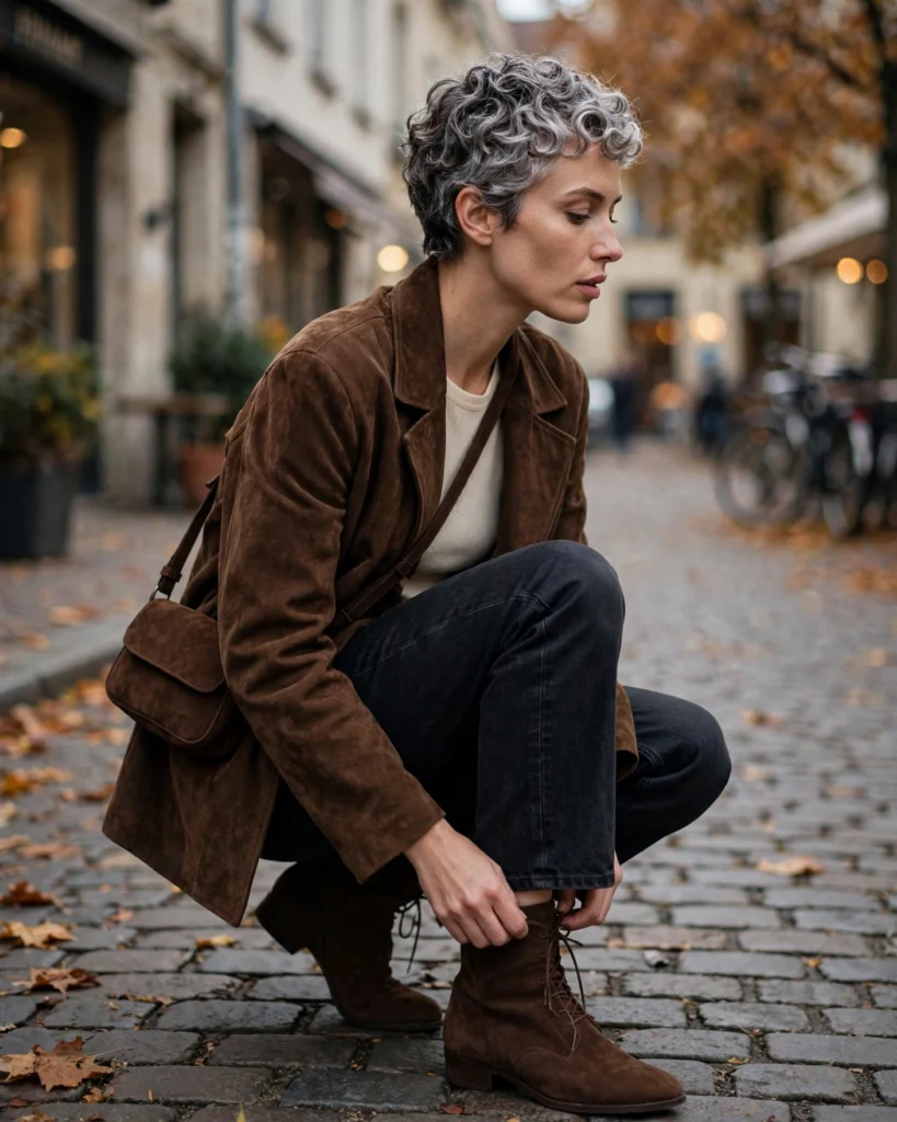 Dark Jeans with a Suede Jacket Fall Jeans Outfit
