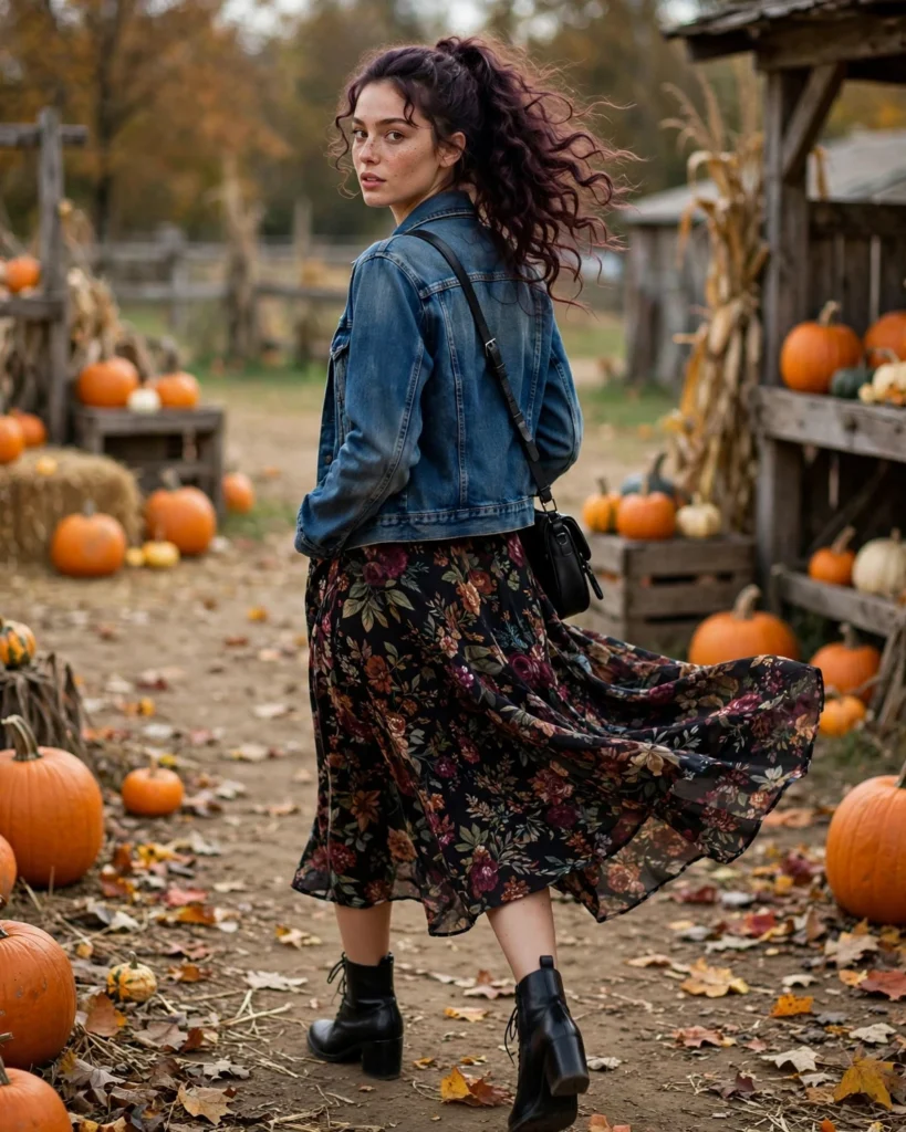 21 Pumpkin Patch Outfits with Black Boots: Cute & Chic Fall Looks 11 Denim Jacket with a Floral Midi Dress Pumpkin Patch Outfit with Black Boots