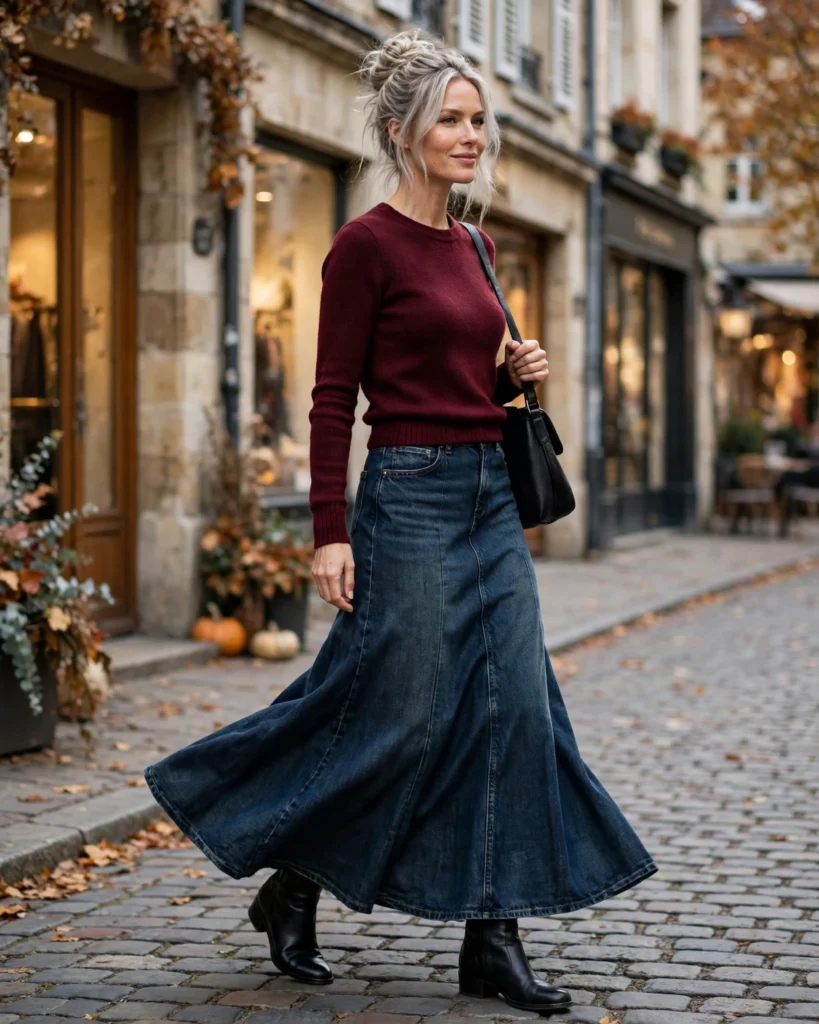 Denim Maxi Skirt with a Tucked-In Sweater Fall Outfit for Women in Their 30s