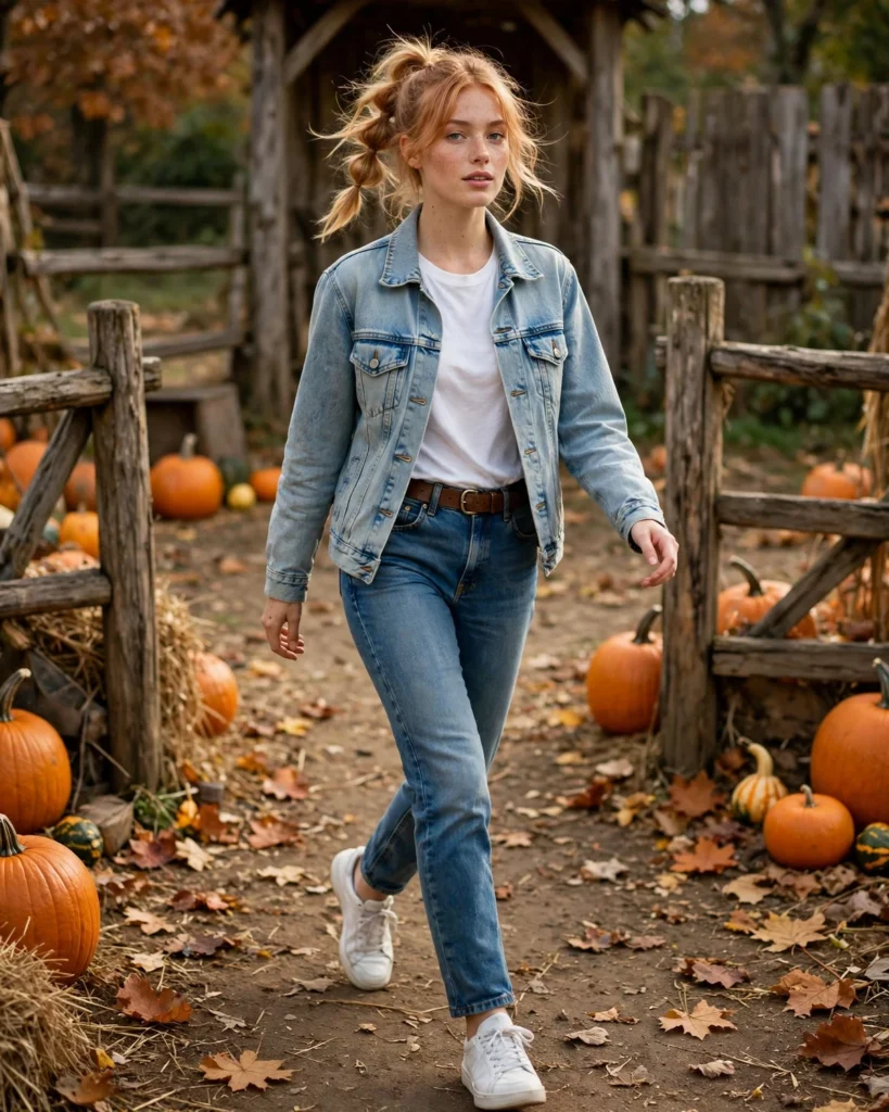 Double Denim with a Contrasting Jacket Pumpkin Patch Outfit with Jeans