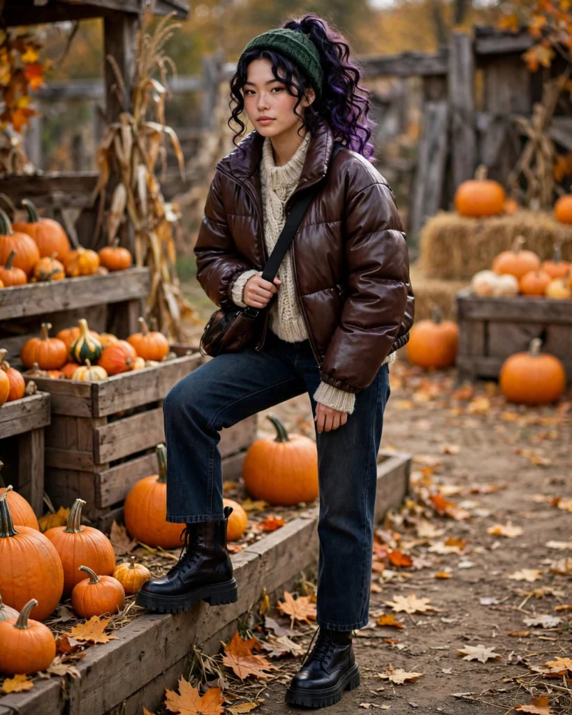Faux-Leather Puffer Jacket with a Chunky Knit Cold Pumpkin Patch Outfit