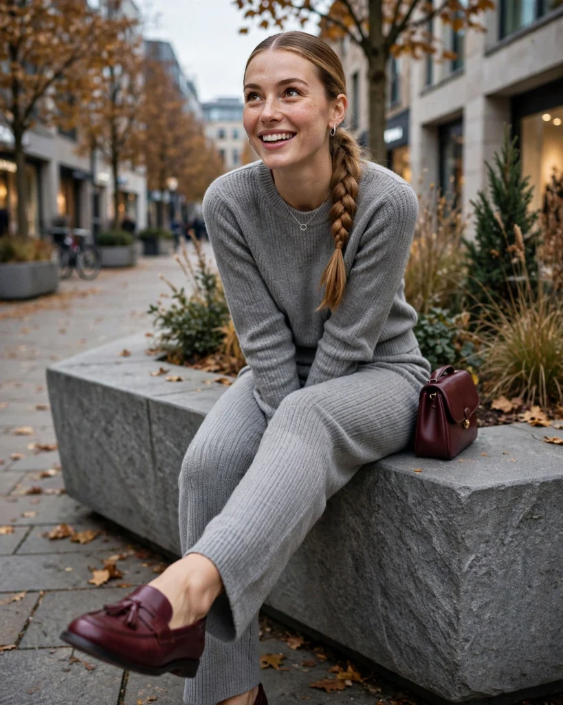 21 Nice Fall Outfits for 2026: Chic, Classy & Effortless Looks 10 Gray Knit Co-Ord with Burgundy Accessories Nice Fall Outfit