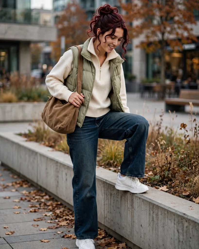 Half-Zip Sweater with Barrel-Leg Jeans Cozy Autumn Outfit