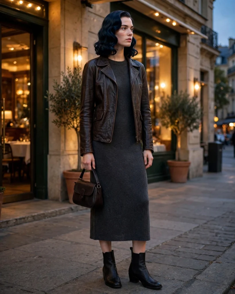 Leather Jacket with a Warm Knit Dress Fall to Winter Outfit