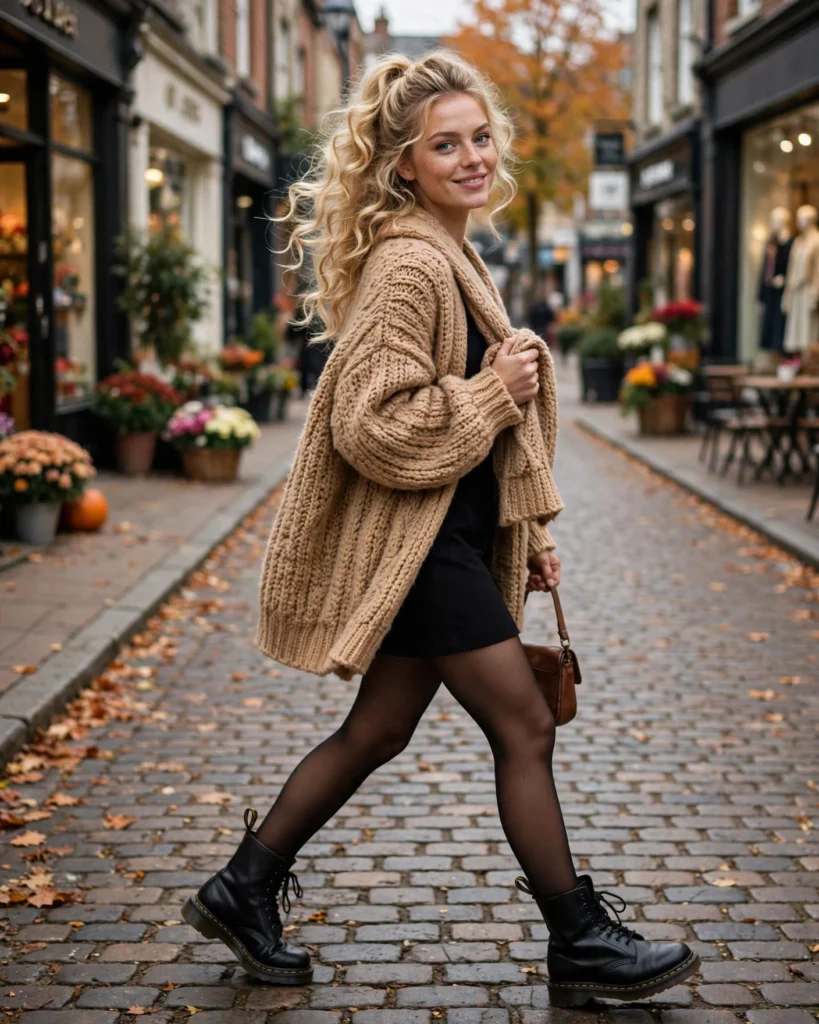 Oversized Cardigan with a Mini Dress Doc Martens Fall Outfit