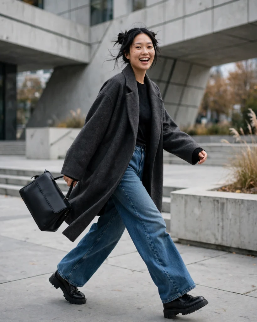 Oversized Coat with Wide-Leg Jeans Fall Coat Outfit