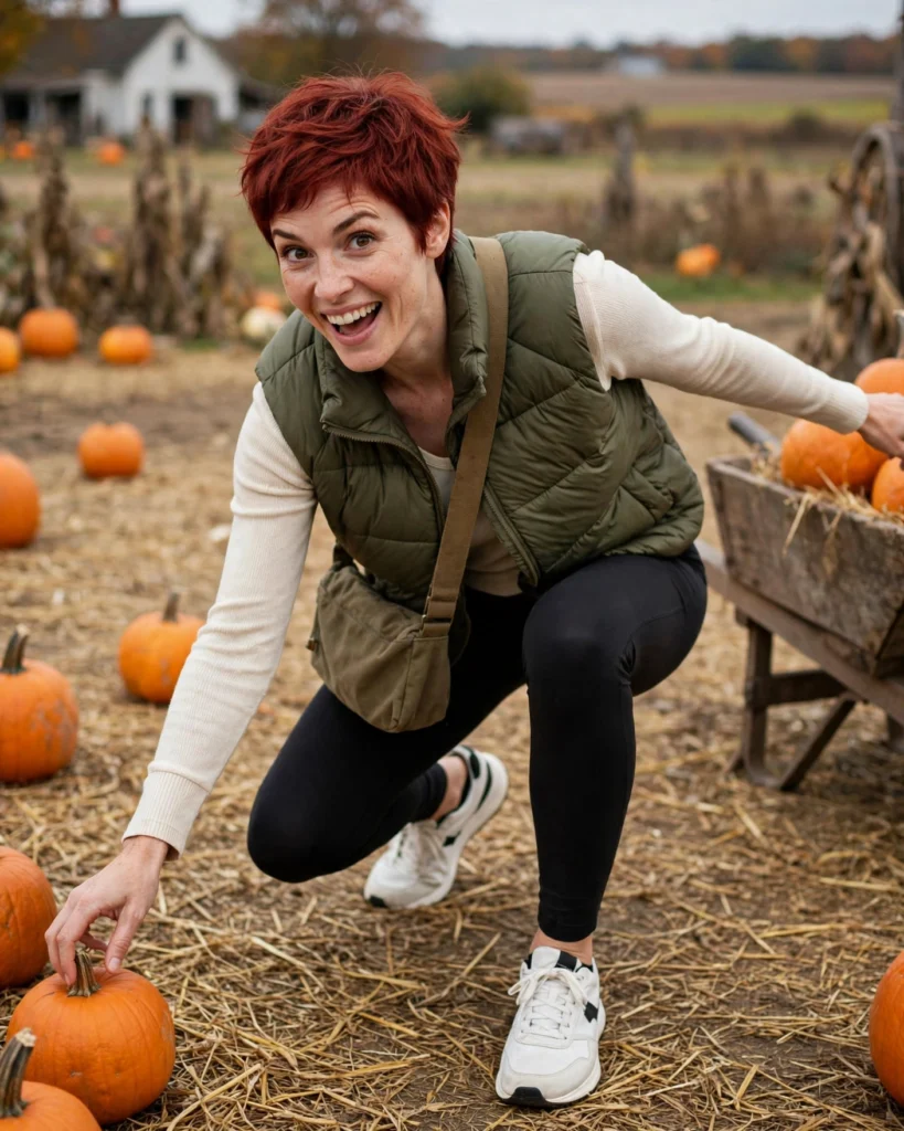 Puffer Vest with Leggings and Sneakers Pumpkin Patch Outfit