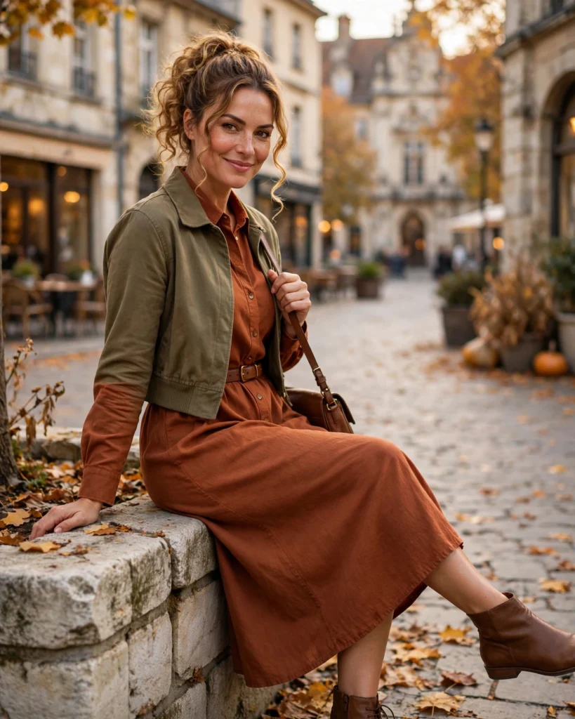 20 Fall Mom Outfits 2026: Cozy, Chic & Casual Ideas 11 Family Outing Outfit with a Shirt Dress and Ankle Boots Fall Mom Outfit