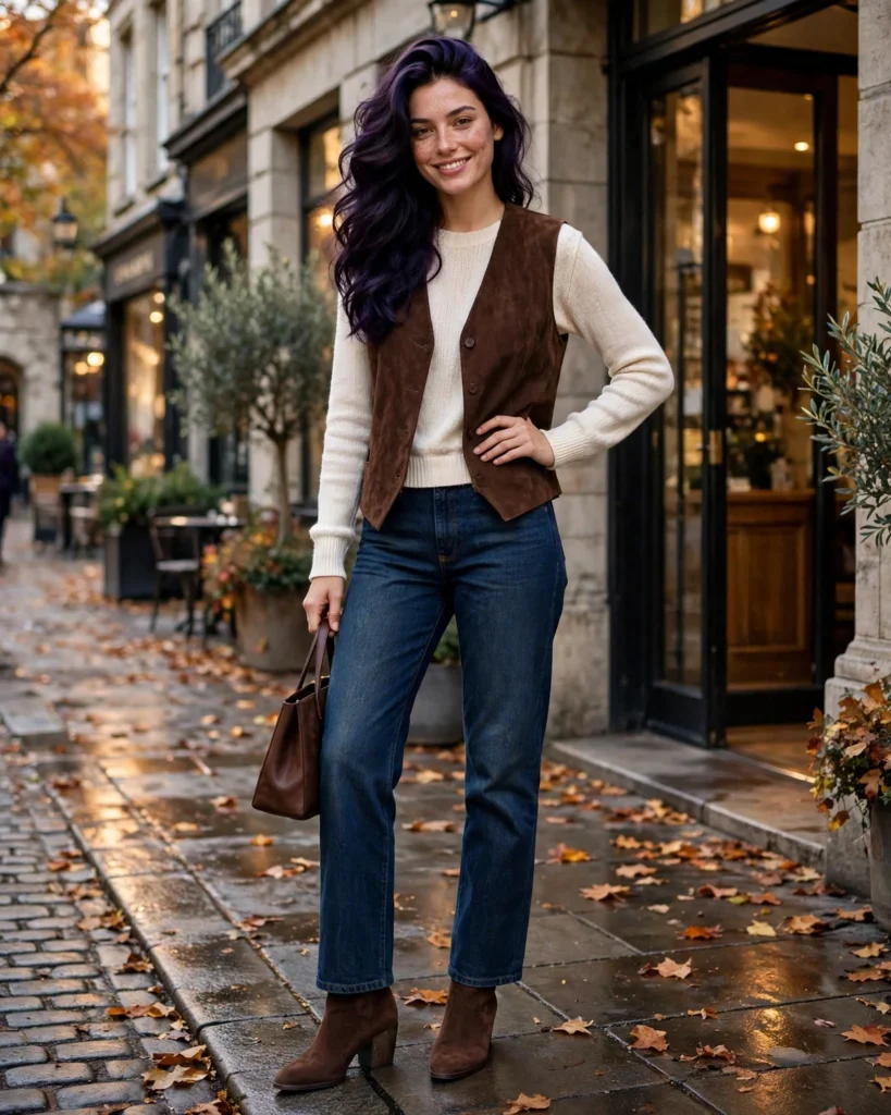 Suede Vest with Straight-Leg Jeans Fall Vest Outfit