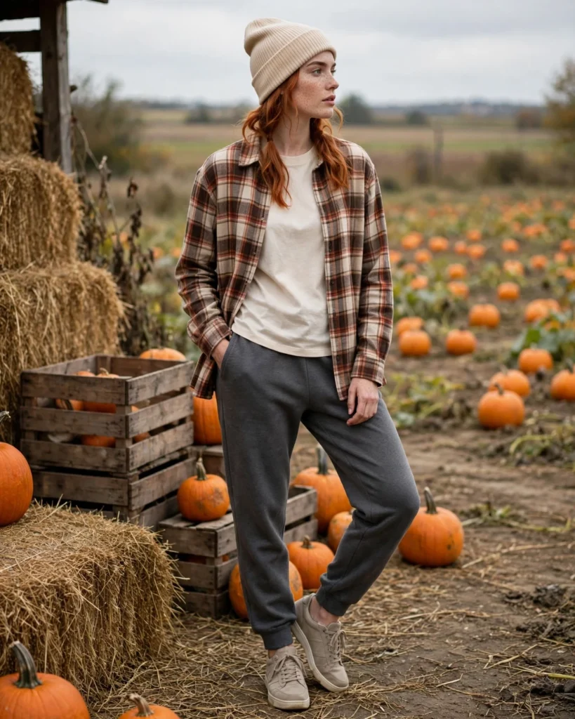 21 Casual Pumpkin Patch Outfits: Cute & Comfortable Fall Looks 11 Sweatpants with a Plaid Shacket Casual Pumpkin Patch Outfit