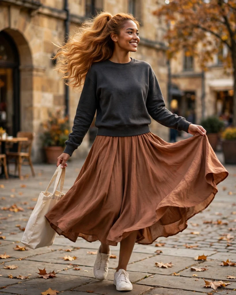 Sweatshirt with a Lightweight Midi Skirt Casual Fall Outfit