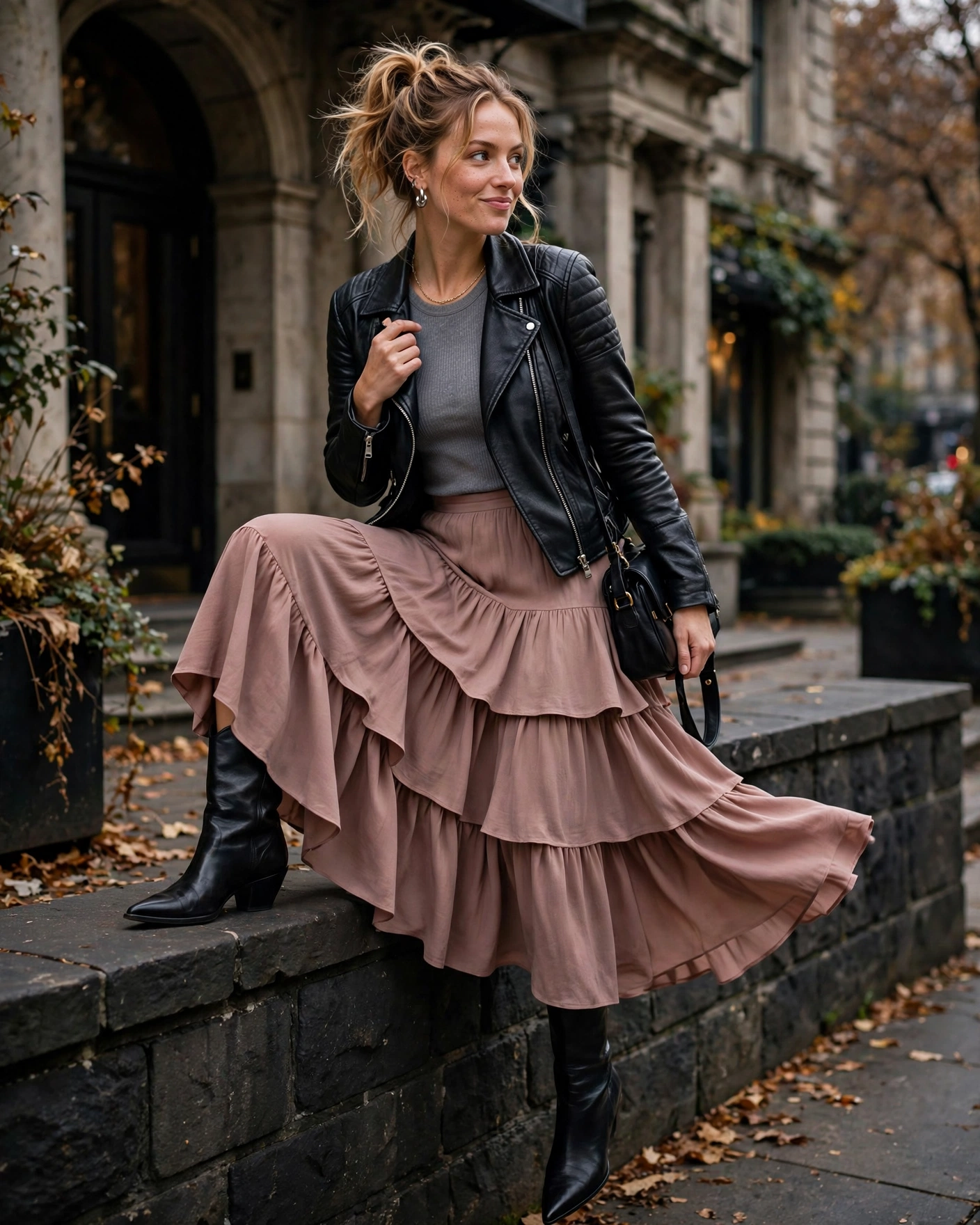 20 Midi Skirt Fall Outfits: Chic and Effortless Looks to Try 11 Tiered Midi Skirt with a Fitted Leather Jacket Midi Skirt Fall Outfit