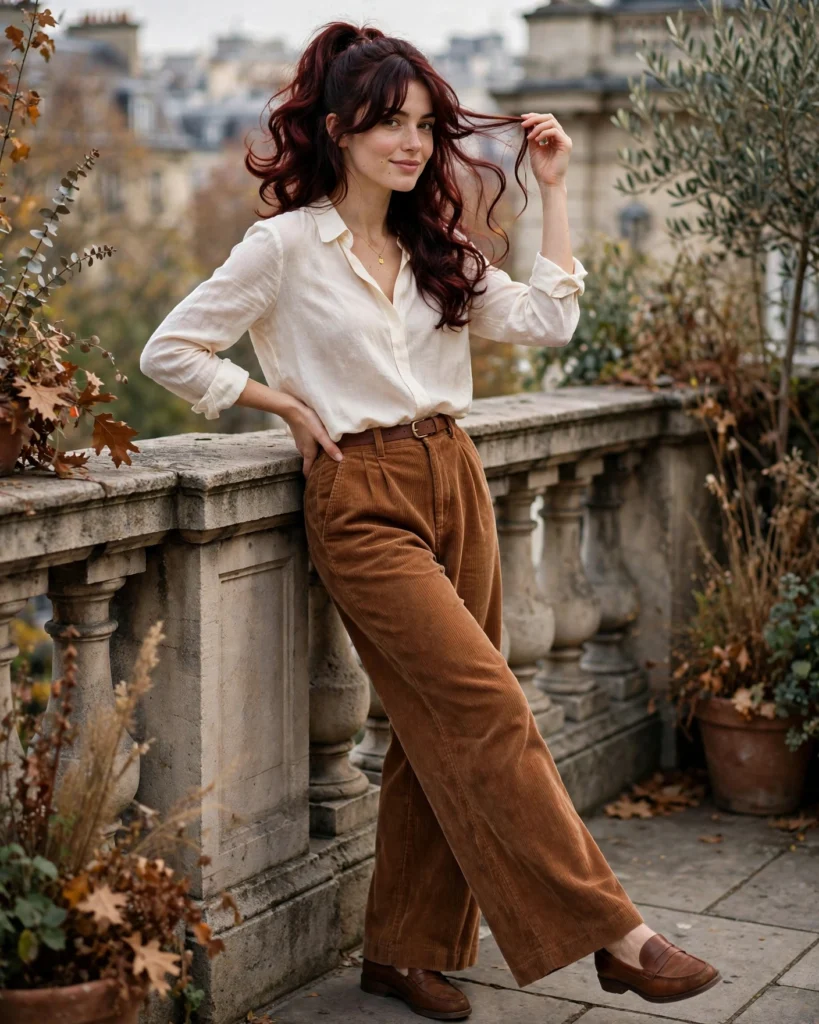 22 Modest Fall Outfits: Elegant and Chic Looks for Every Occasion 11 Wide-Leg Corduroy Pants with a Soft Blouse Modest Fall Outfit