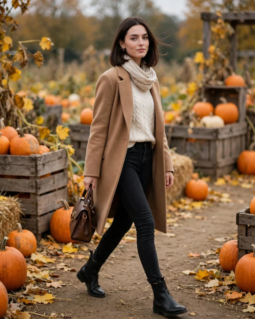 21 Pumpkin Patch Outfits with Black Boots: Cute & Chic Fall Looks 12 Black Jeans with a Camel Coat Pumpkin Patch Outfit with Black Boots