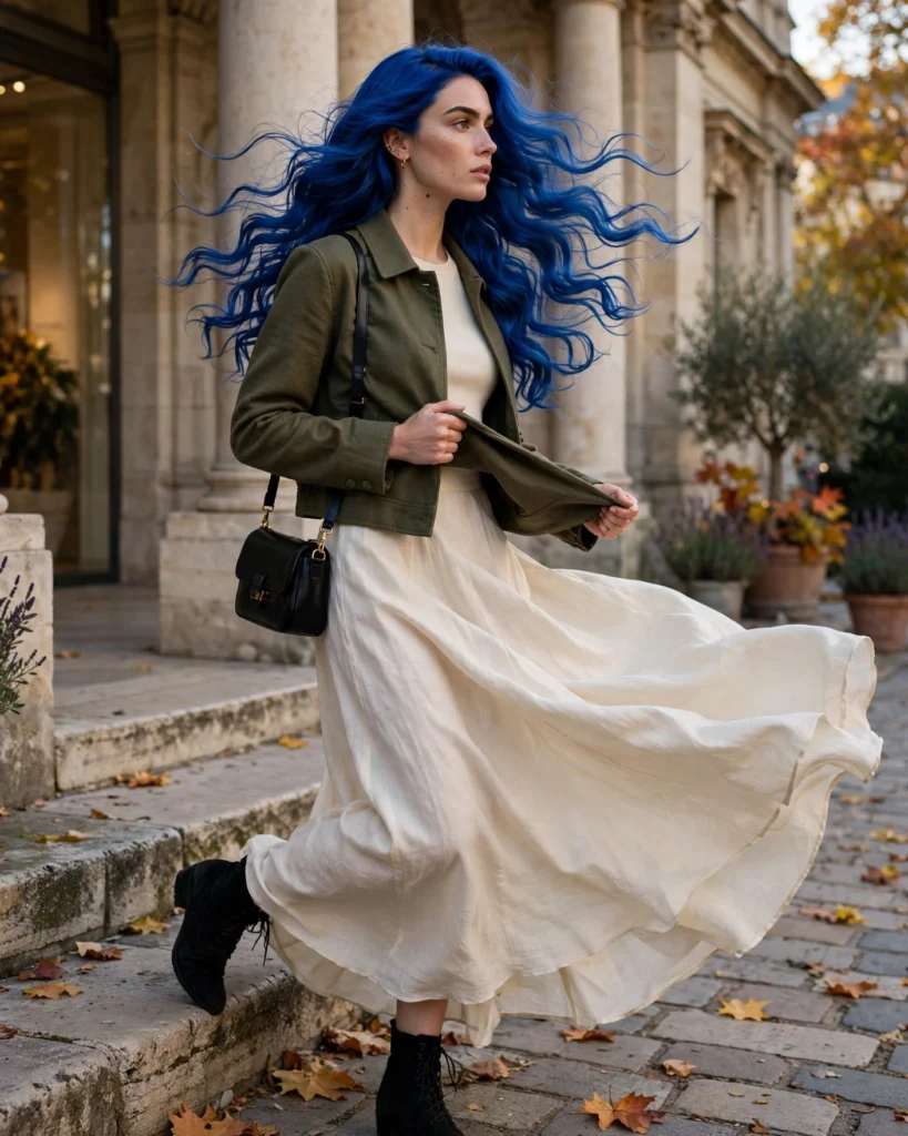 Cropped Jacket with a Flowing Maxi Skirt Fall Fashion Outfit