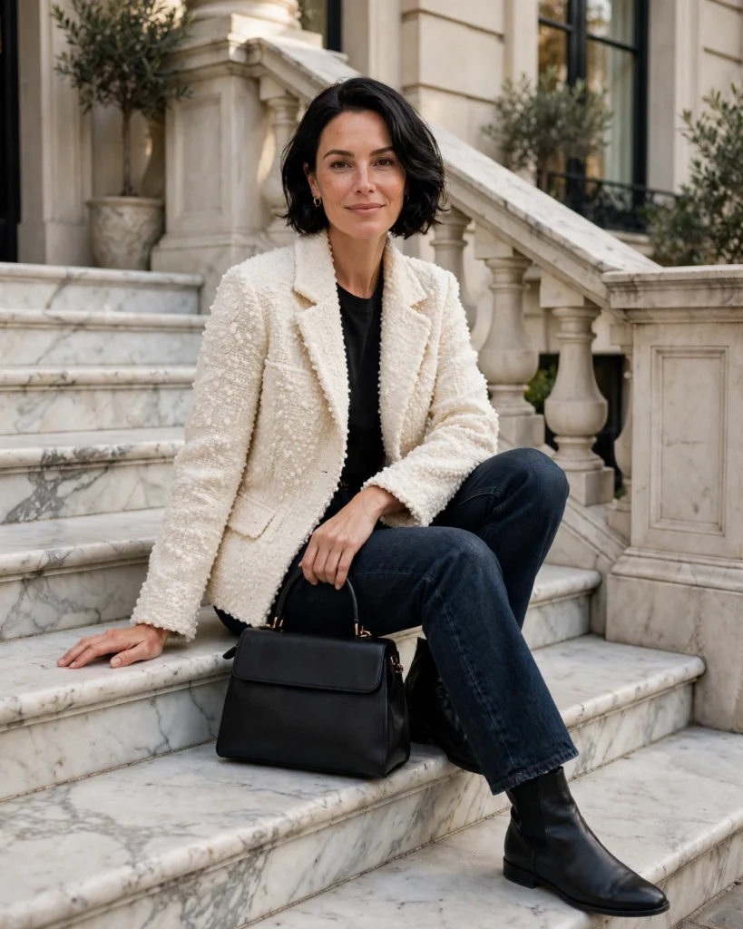 20 Fall Mom Outfits 2026: Cozy, Chic & Casual Ideas 12 Mom Outfit with Dark Jeans and a Textured Bouclé Jacket Fall Mom Outfit