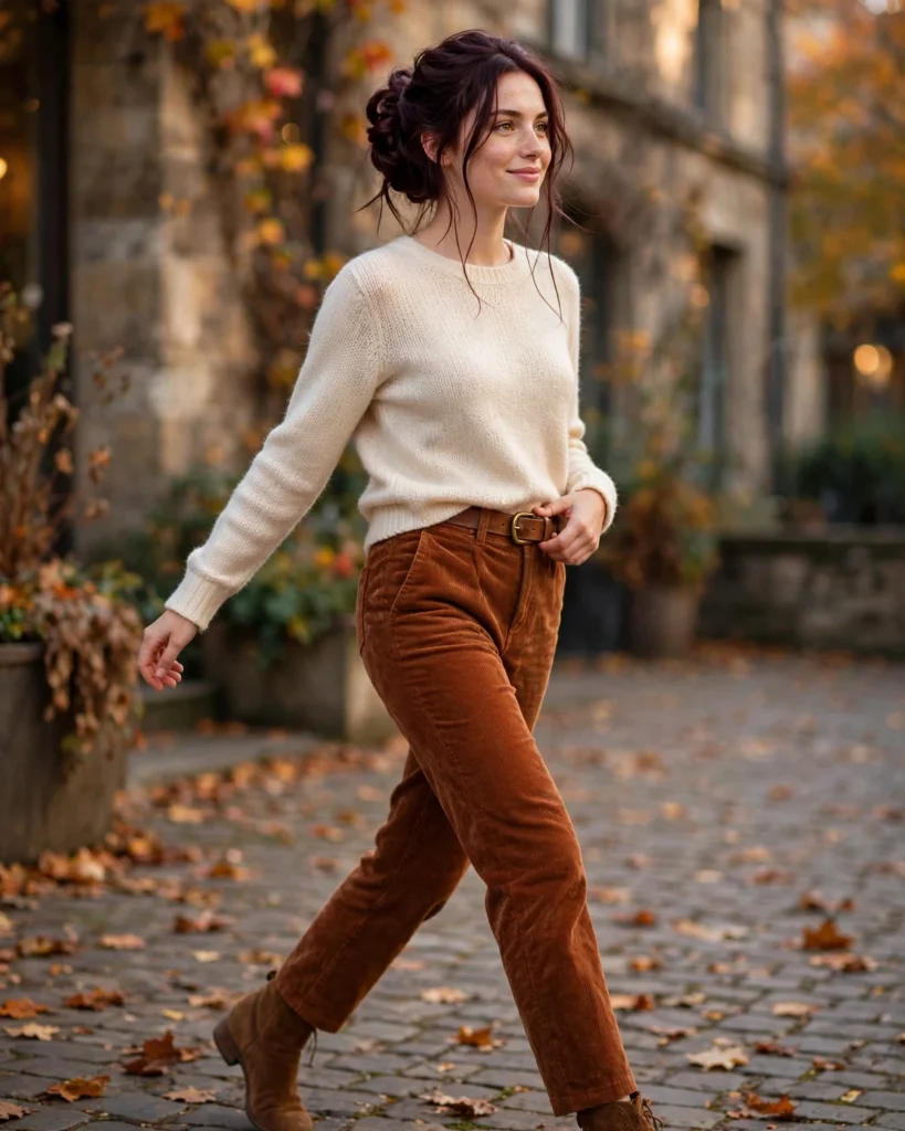 Fine-Knit Sweater with Corduroy Trousers Fall Sweater Outfit
