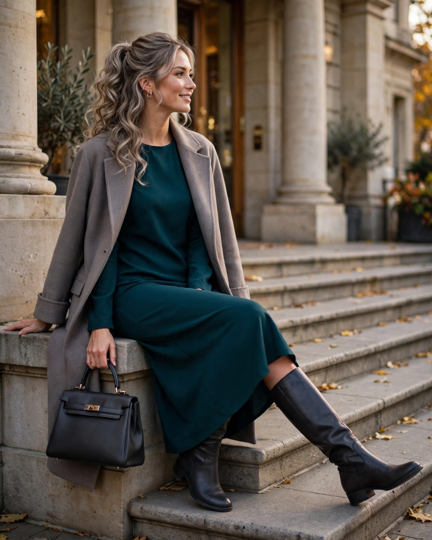 22 Classy Fall Outfits for Women: Elegant Looks to Wear This Season 12 Long Coat with a Fitted Midi Dress Classy Fall Outfit