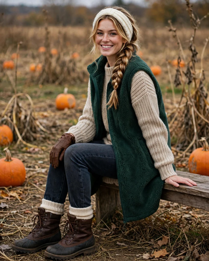 Longline Fleece Vest with a Thick Knit and Warm Jeans Cold Pumpkin Patch Outfit