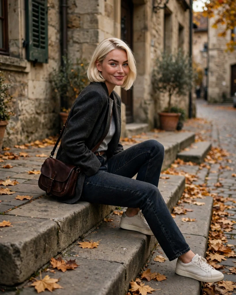 Old-Town Exploring Outfit with a Blazer and Dark Denim Fall Travel Outfit