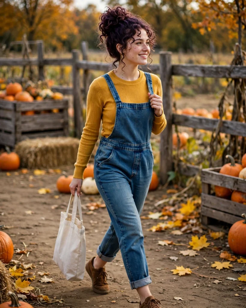21 Casual Pumpkin Patch Outfits: Cute & Comfortable Fall Looks 12 Overalls with a Lightweight Sweater Casual Pumpkin Patch Outfit