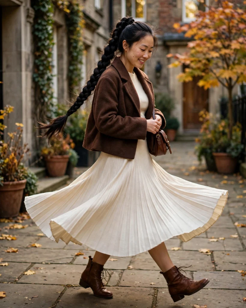 Short Coat with a Pleated Skirt Fall Coat Outfit