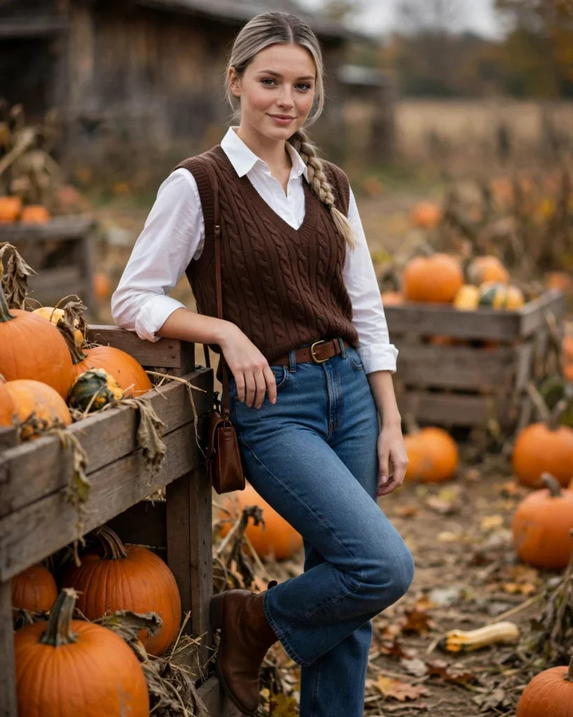 Straight-Leg Jeans with a Knit Vest Pumpkin Patch Outfit with Jeans