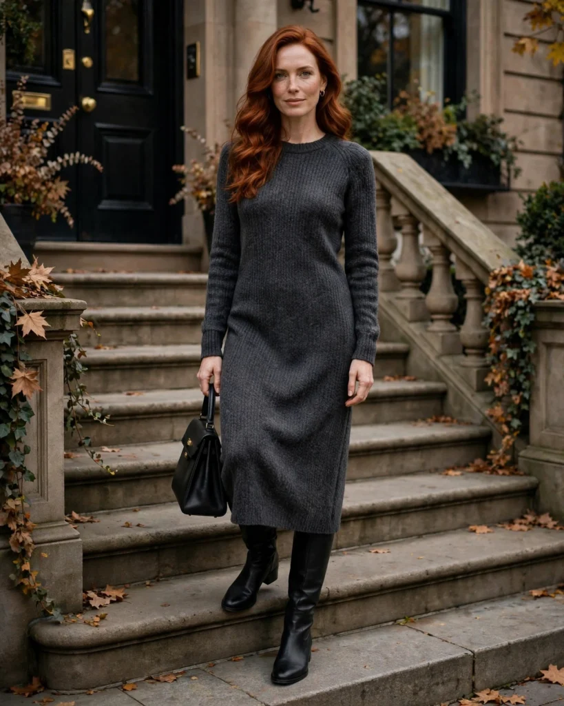 Sweater Dress with Knee-High Boots Fall Outfit for Women in Their 30s