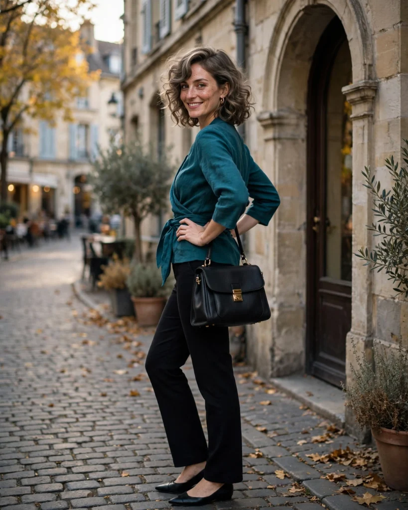 21 Nice Fall Outfits for 2026: Chic, Classy & Effortless Looks 11 Teal Wrap Blouse with Black Straight-Leg Pants Nice Fall Outfit