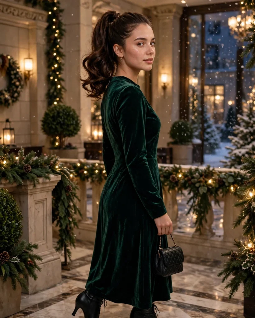 21 Winter Going Out Outfits: Chic Looks for Cold Nights 12 Velvet Dress with Heeled Ankle Boots Winter Going Out Outfit