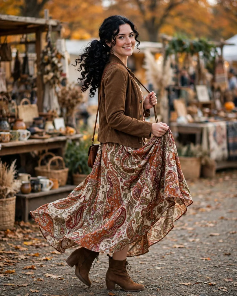 21 Fall Festival Outfits for Women: Cute & Chic Looks for Autumn 13 Boho Maxi Dress with a Suede Jacket Fall Festival Outfit