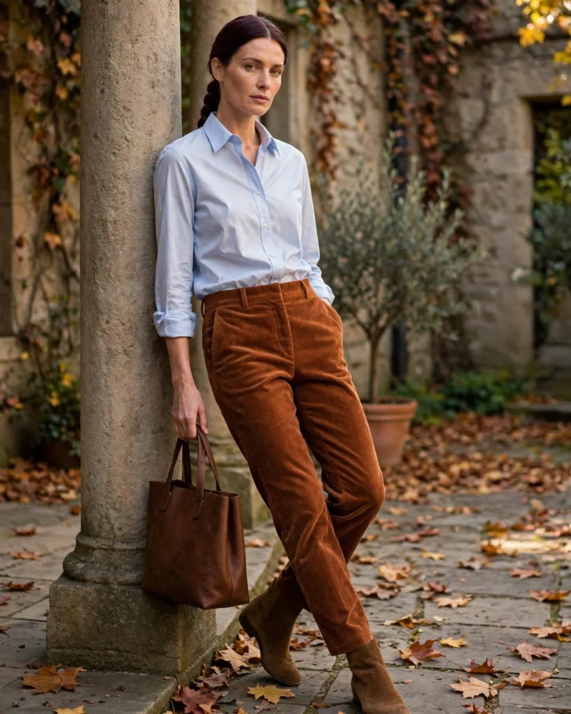 Corduroy Trousers with a Button-Down Shirt Fall Outfit for Women in Their 30s