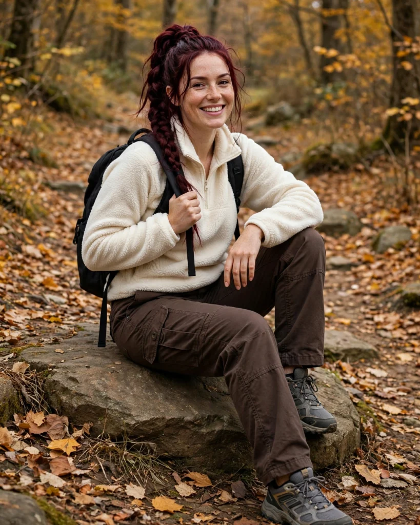 Countryside Walk Outfit with a Fleece Pullover and Utility Pants Fall Travel Outfit