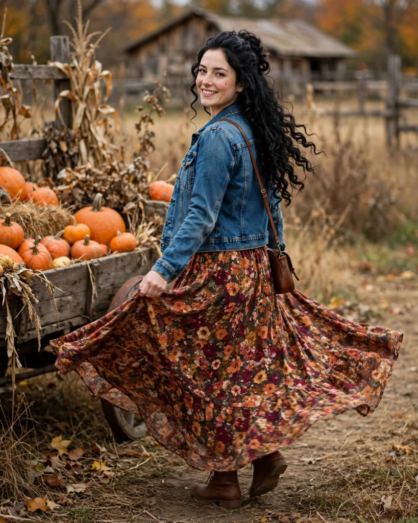 Denim Jacket with a Floral Maxi Dress Pumpkin Patch Outfit