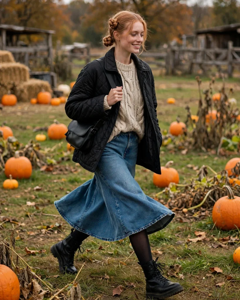 21 Pumpkin Patch Outfits with Black Boots: Cute & Chic Fall Looks 13 Denim Skirt with a Chunky Knit Sweater Pumpkin Patch Outfit with Black Boots