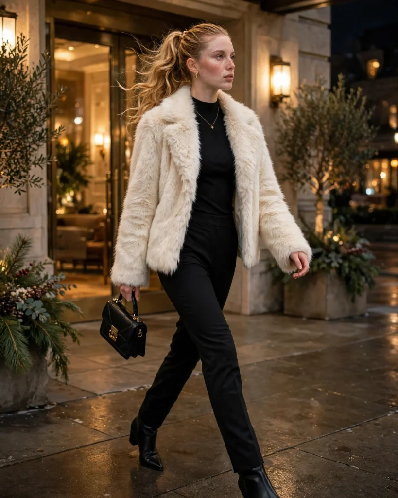21 Winter Going Out Outfits: Chic Looks for Cold Nights 13 Faux Fur Jacket with Slim-Fit Pants Winter Going Out Outfit