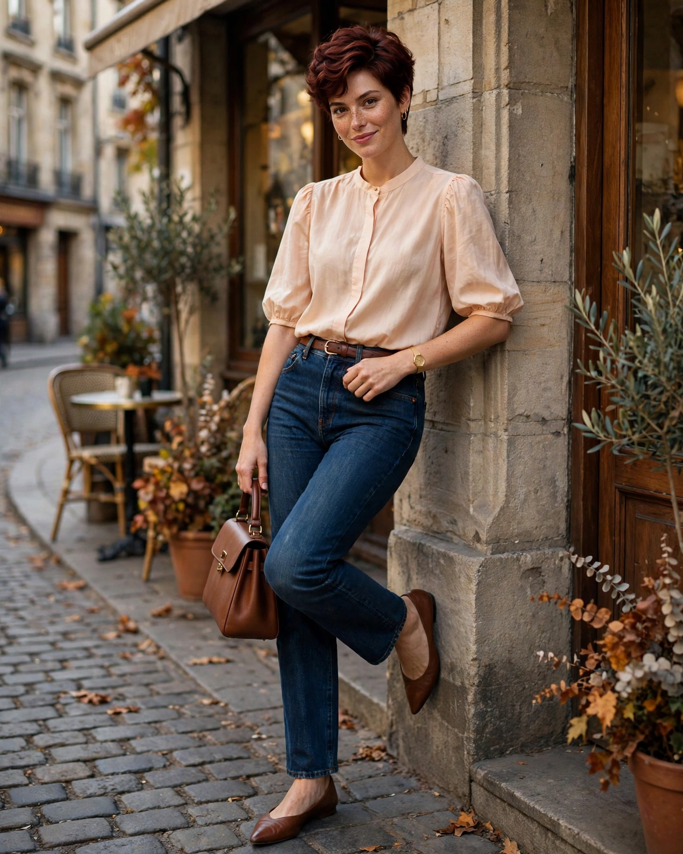 22 Classy Fall Outfits for Women: Elegant Looks to Wear This Season 13 Feminine Blouse with Dark Denim Classy Fall Outfit
