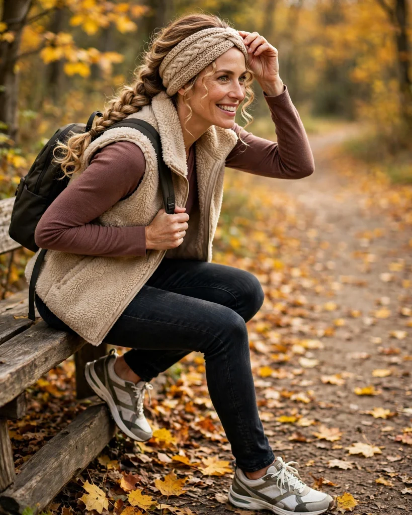 20 Fall Mom Outfits 2026: Cozy, Chic & Casual Ideas 13 Cozy Weekend Outfit with a Fleece Vest and a Long-Sleeved Tee Fall Mom Outfit