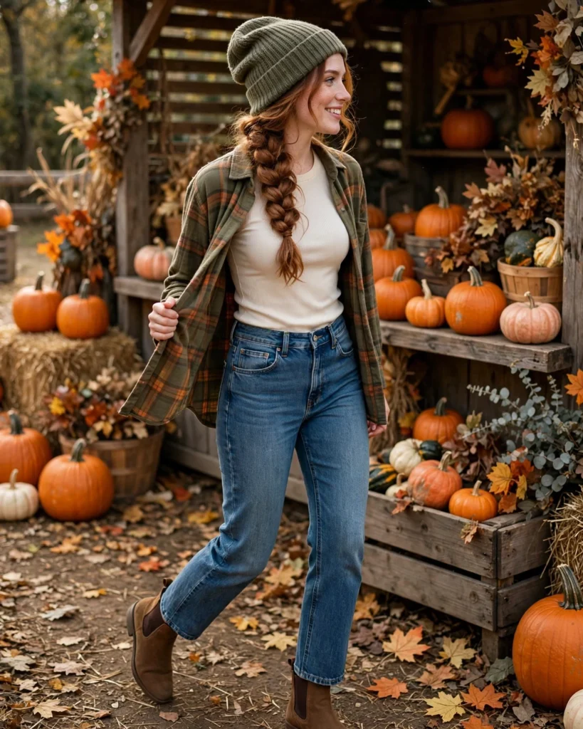 Jeans with a Plaid Shacket Pumpkin Patch Outfit with Jeans