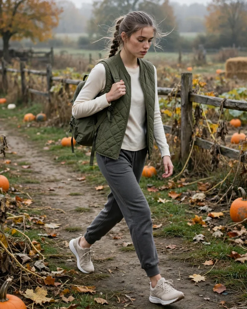 21 Casual Pumpkin Patch Outfits: Cute & Comfortable Fall Looks 13 Joggers with a Quilted Vest Casual Pumpkin Patch Outfit
