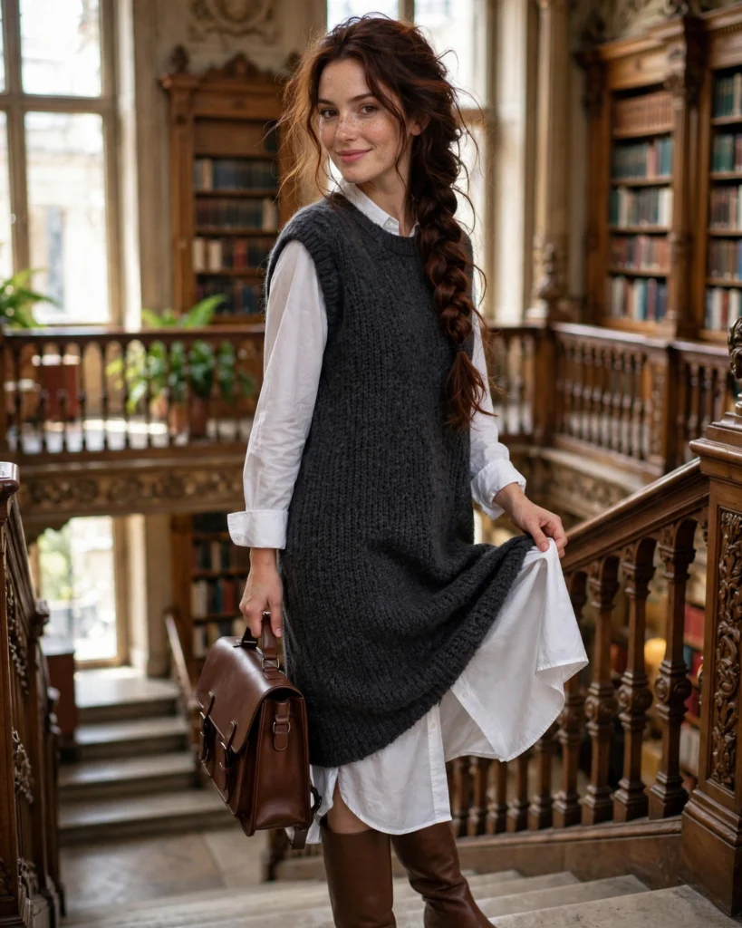 22 Modest Fall Outfits: Elegant and Chic Looks for Every Occasion 13 Longline Shirt with a Sleeveless Sweater Dress Modest Fall Outfit