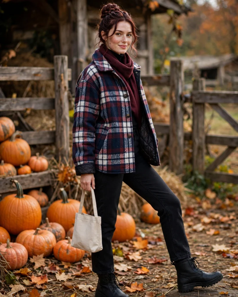 Plaid Wool Shacket with a Quilted Liner Cold Pumpkin Patch Outfit