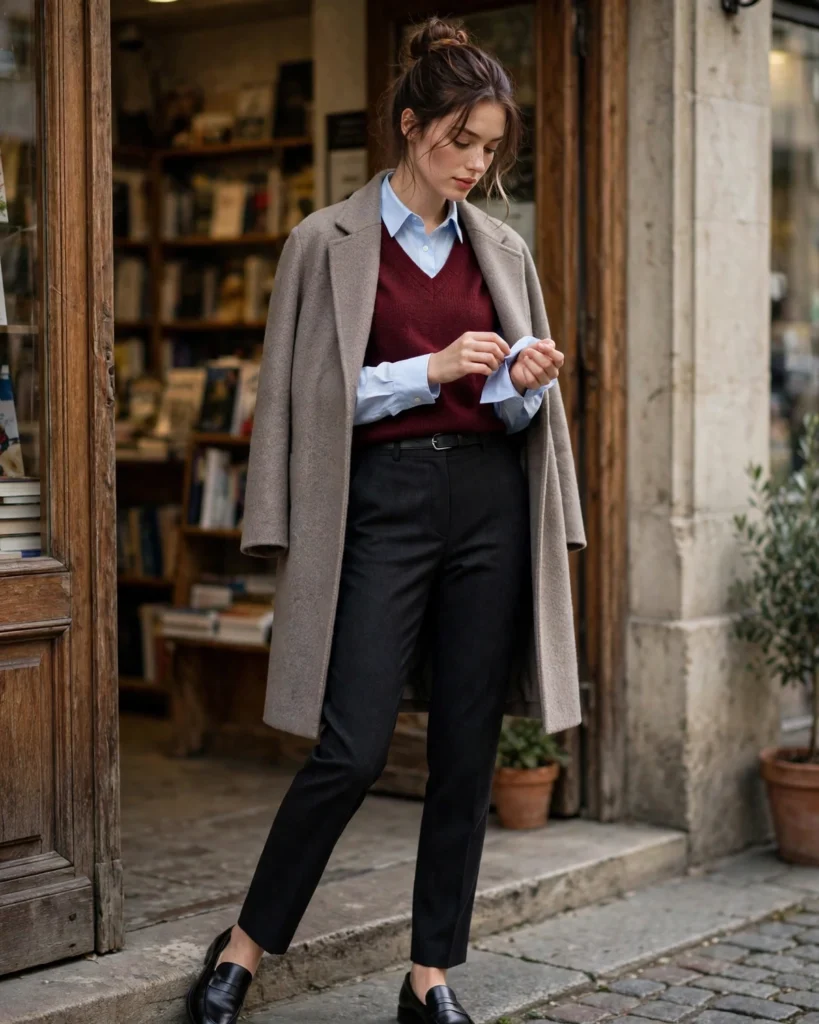 Sweater Vest over a Long-Sleeved Shirt Fall to Winter Outfit